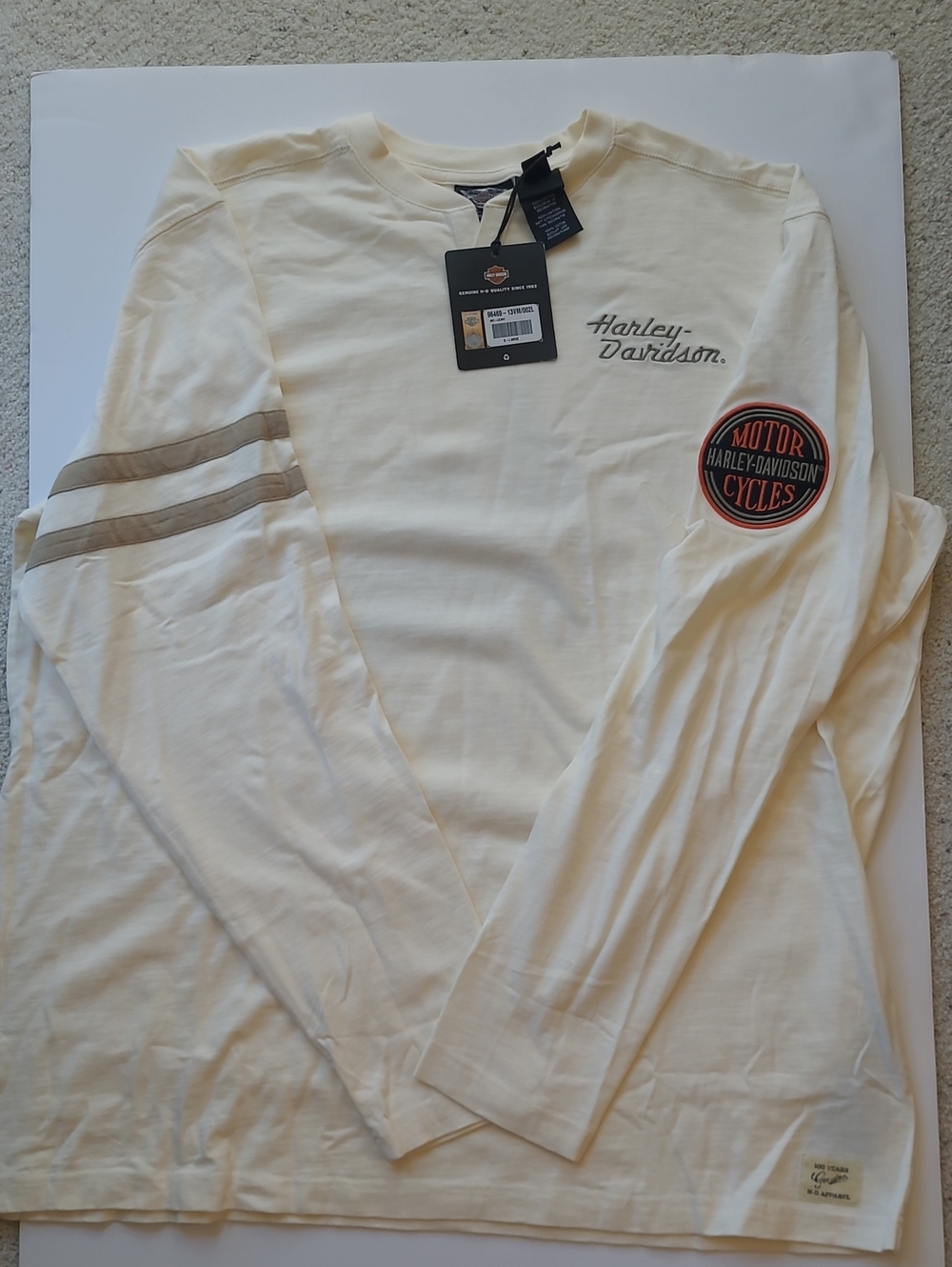 Harley-Davidson Cream Long Sleeve Shirt with Patch and Sleeve Stripes